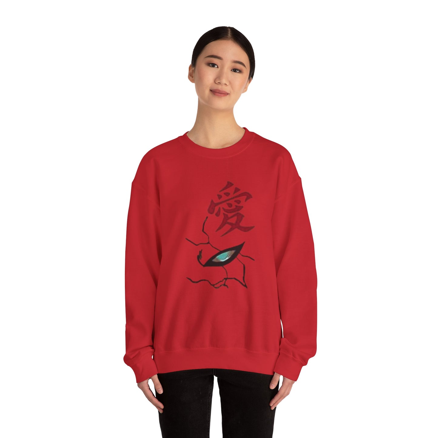 Crewneck Sweatshirt — Anime Boy Portrait with Red Roses Back Print