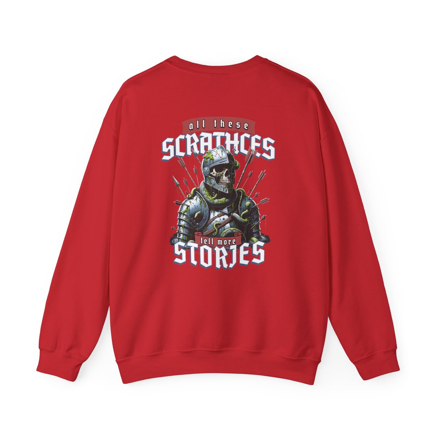 Crewneck Sweatshirt — "All These Scars Have Stories" Vintage Knight Graphic