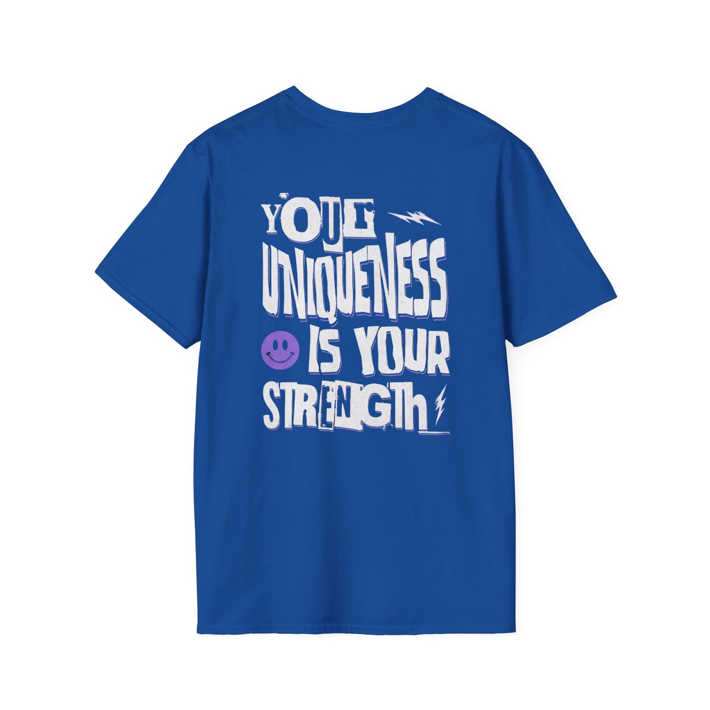 Unique Strength T-Shirt — “Your Uniqueness Is Your Strength” Graphic Tee with Purple Smiley