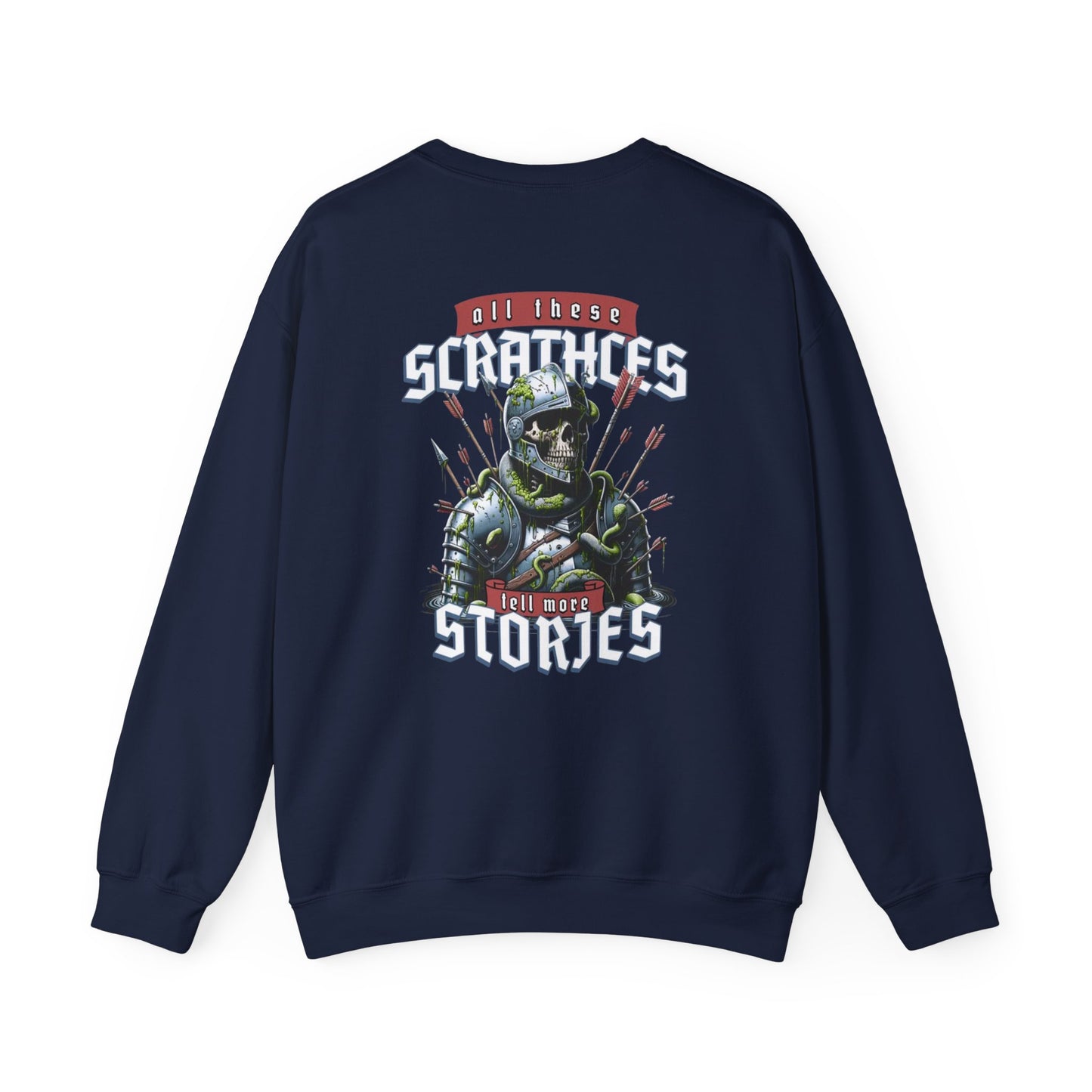 Crewneck Sweatshirt — "All These Scars Have Stories" Vintage Knight Graphic