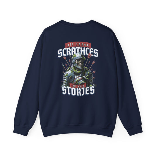 Crewneck Sweatshirt — "All These Scars Have Stories" Vintage Knight Graphic