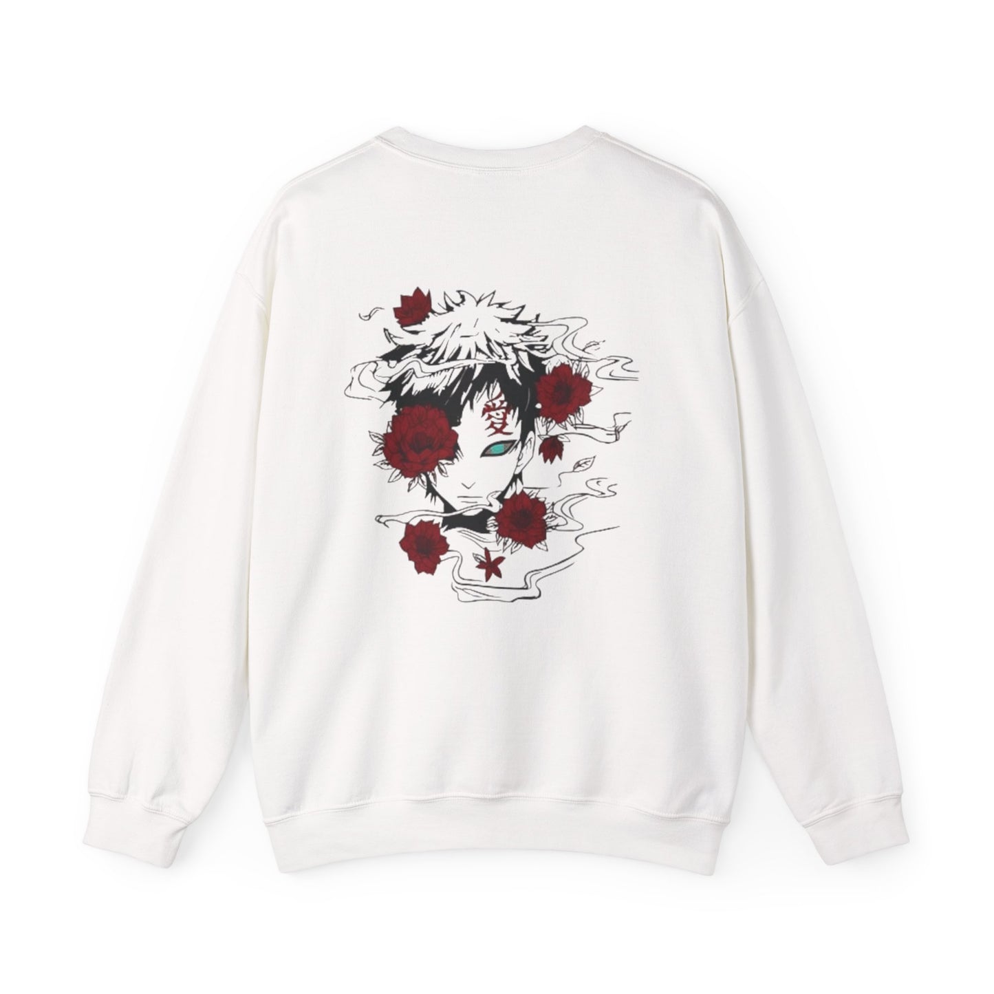 Crewneck Sweatshirt — Anime Boy Portrait with Red Roses Back Print