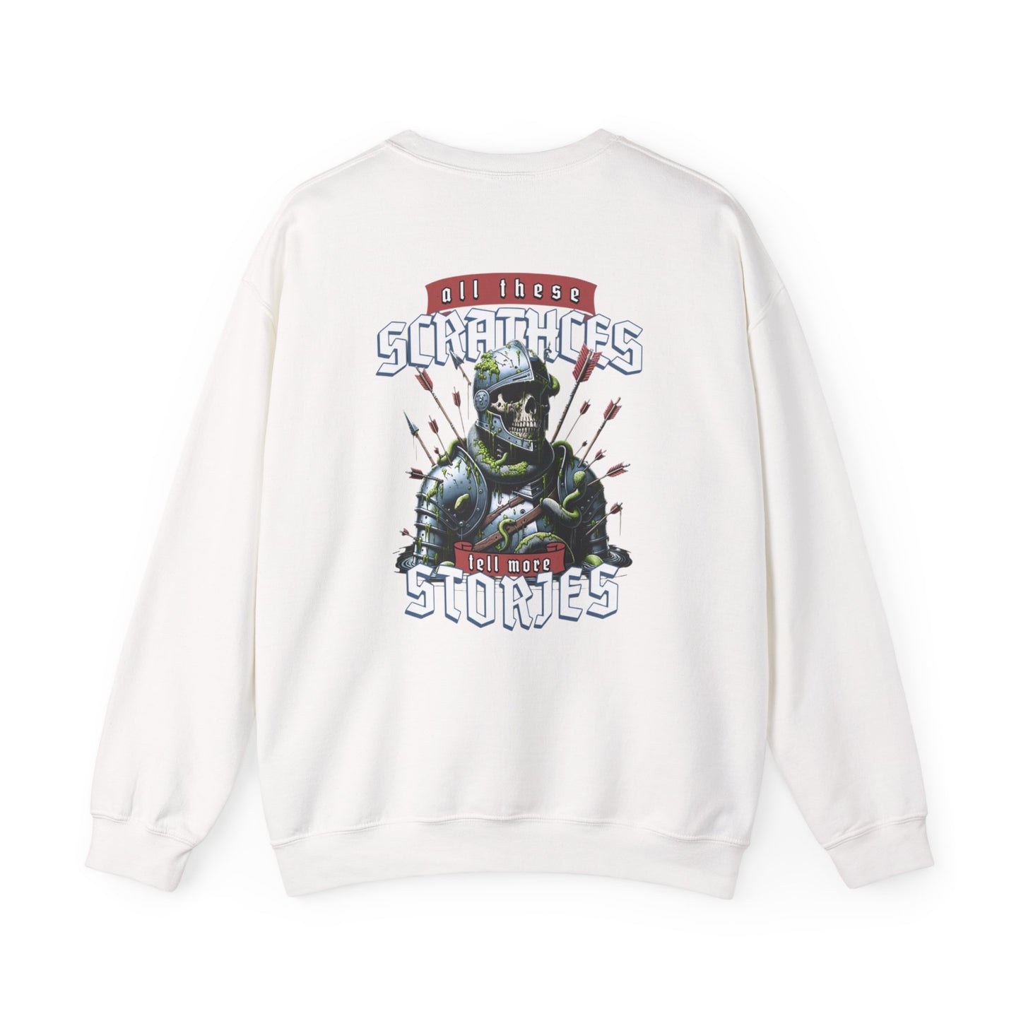 Crewneck Sweatshirt — "All These Scars Have Stories" Vintage Knight Graphic