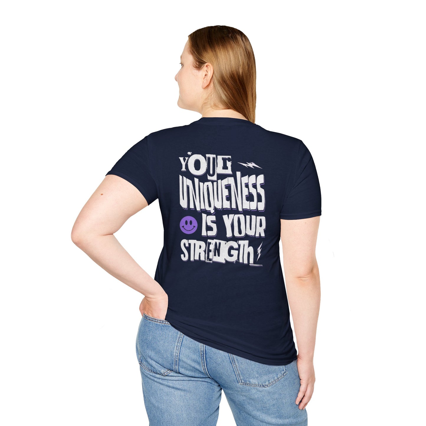 Unique Strength T-Shirt — “Your Uniqueness Is Your Strength” Graphic Tee with Purple Smiley