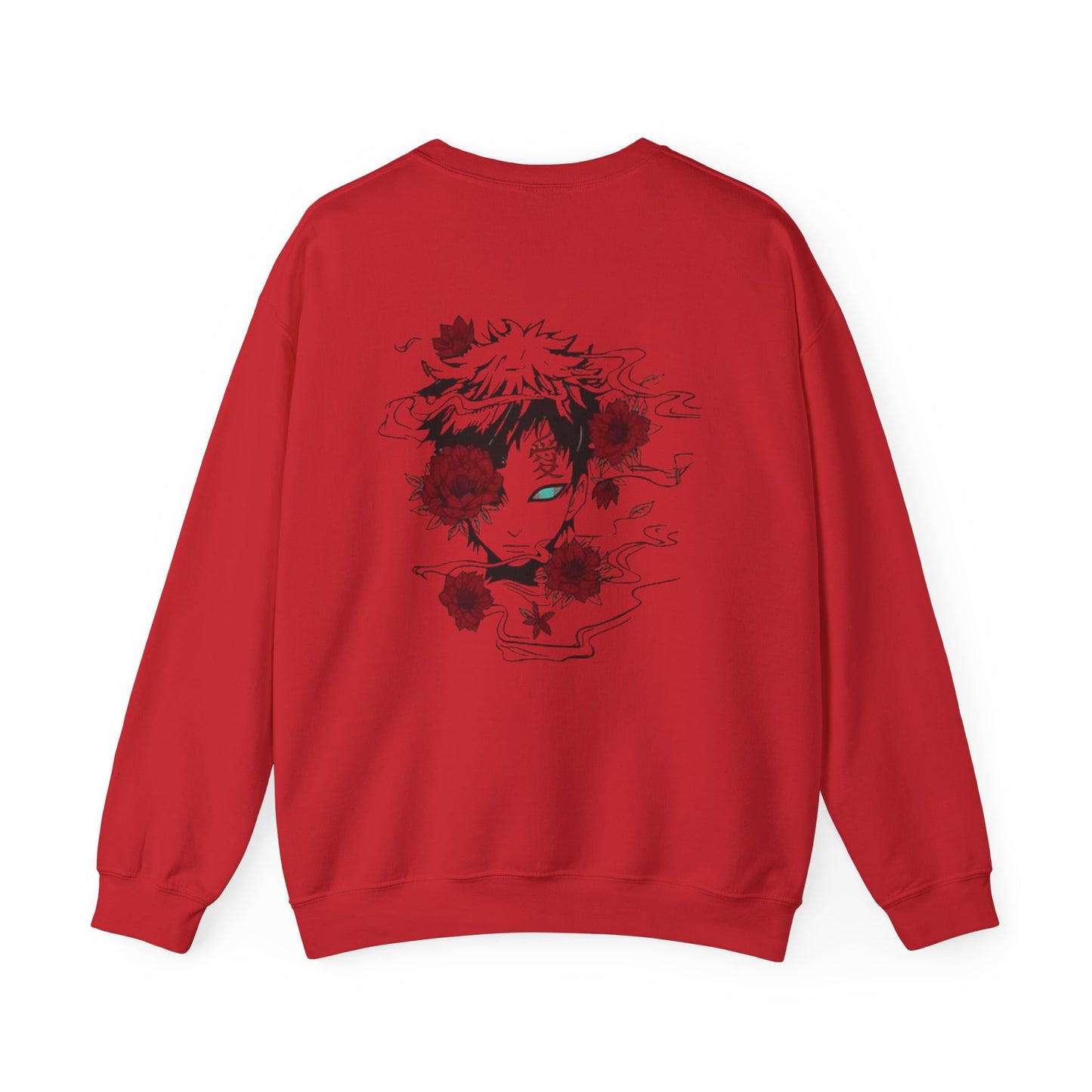 Crewneck Sweatshirt — Anime Boy Portrait with Red Roses Back Print