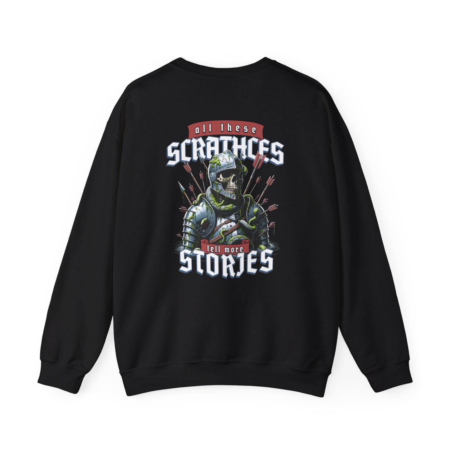 Crewneck Sweatshirt — "All These Scars Have Stories" Vintage Knight Graphic
