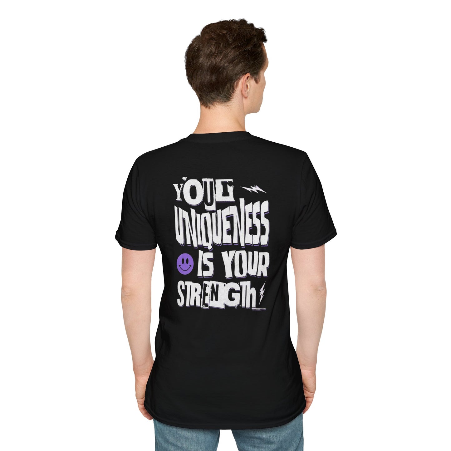 Unique Strength T-Shirt — “Your Uniqueness Is Your Strength” Graphic Tee with Purple Smiley