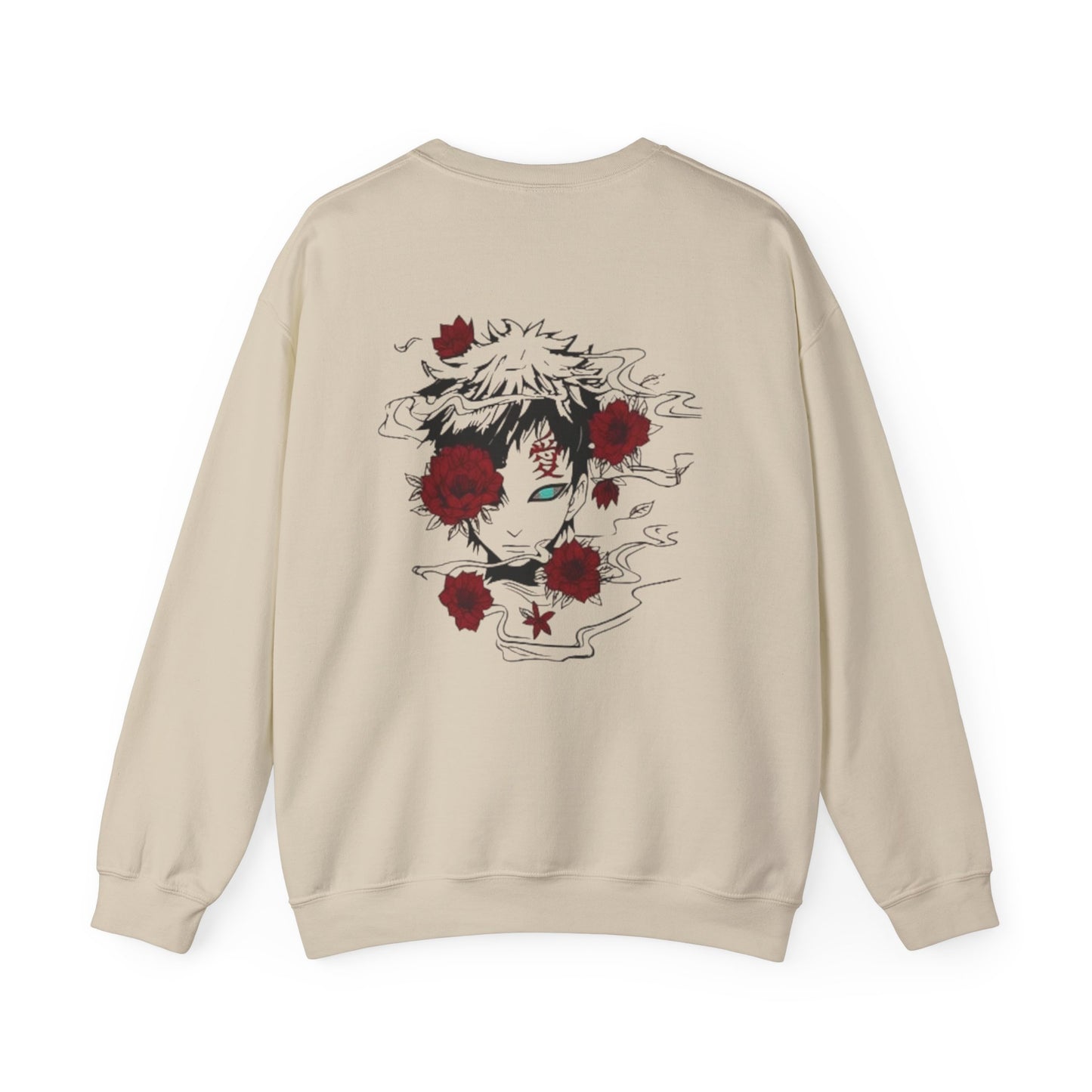 Crewneck Sweatshirt — Anime Boy Portrait with Red Roses Back Print