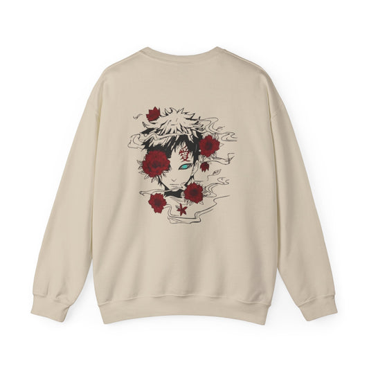 Crewneck Sweatshirt — Anime Boy Portrait with Red Roses Back Print