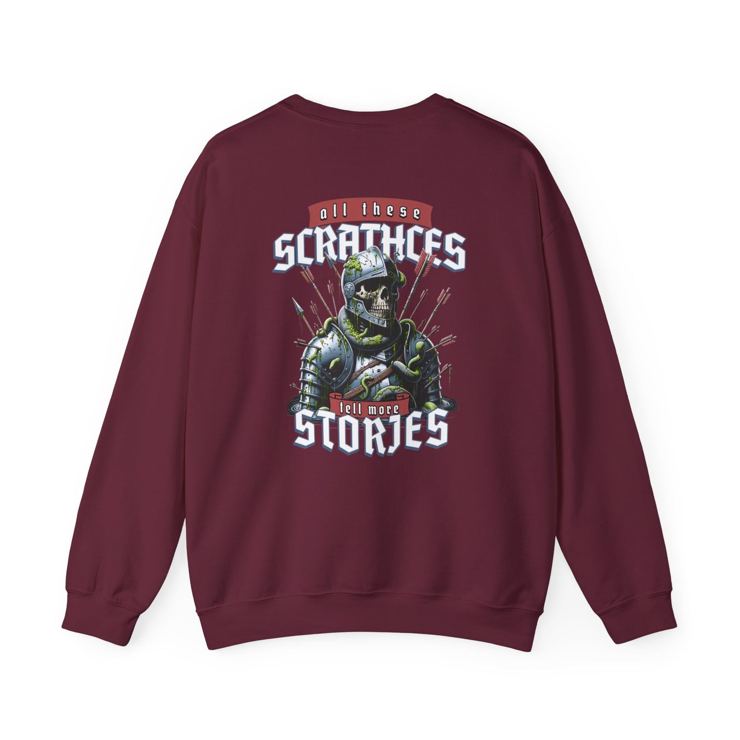 Crewneck Sweatshirt — "All These Scars Have Stories" Vintage Knight Graphic