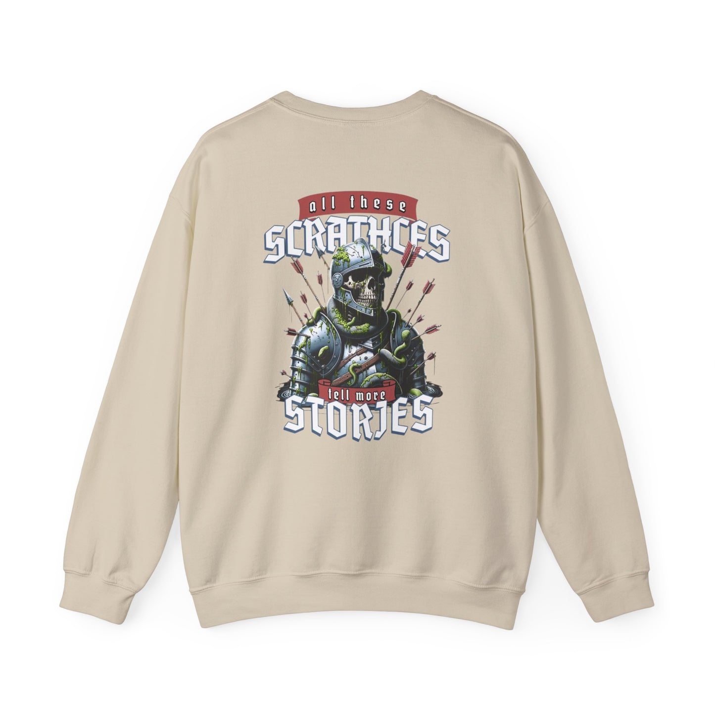 Crewneck Sweatshirt — "All These Scars Have Stories" Vintage Knight Graphic