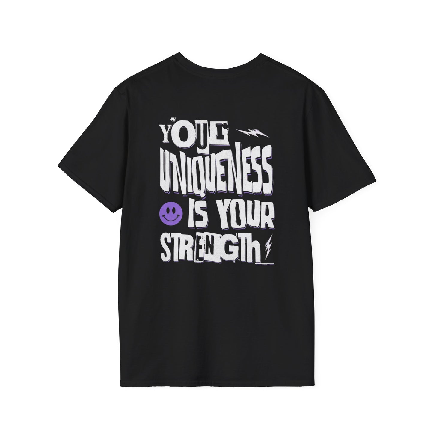 Unique Strength T-Shirt — “Your Uniqueness Is Your Strength” Graphic Tee with Purple Smiley