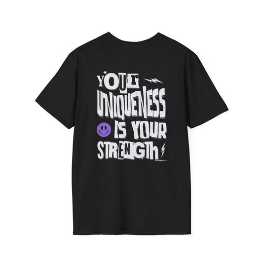 Unique Strength T-Shirt — “Your Uniqueness Is Your Strength” Graphic Tee with Purple Smiley