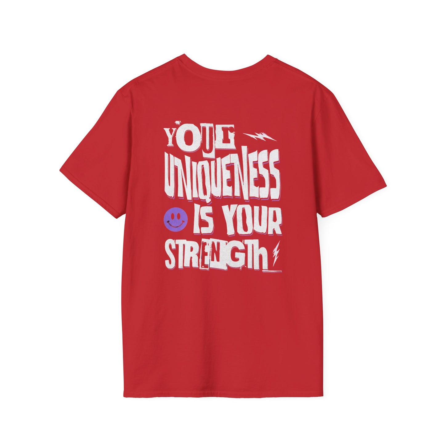 Unique Strength T-Shirt — “Your Uniqueness Is Your Strength” Graphic Tee with Purple Smiley