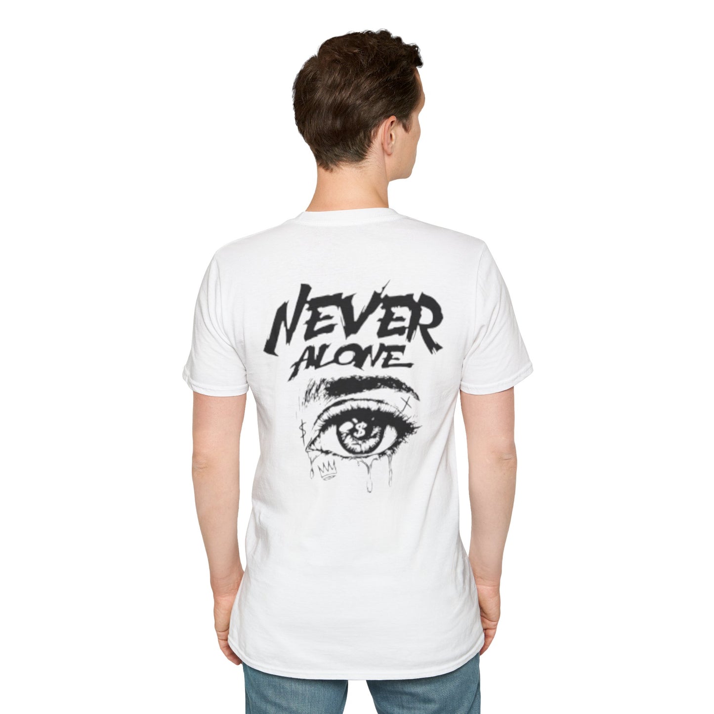 T-Shirt — "Never Alone" Graphic Tee with Forgive Within Script