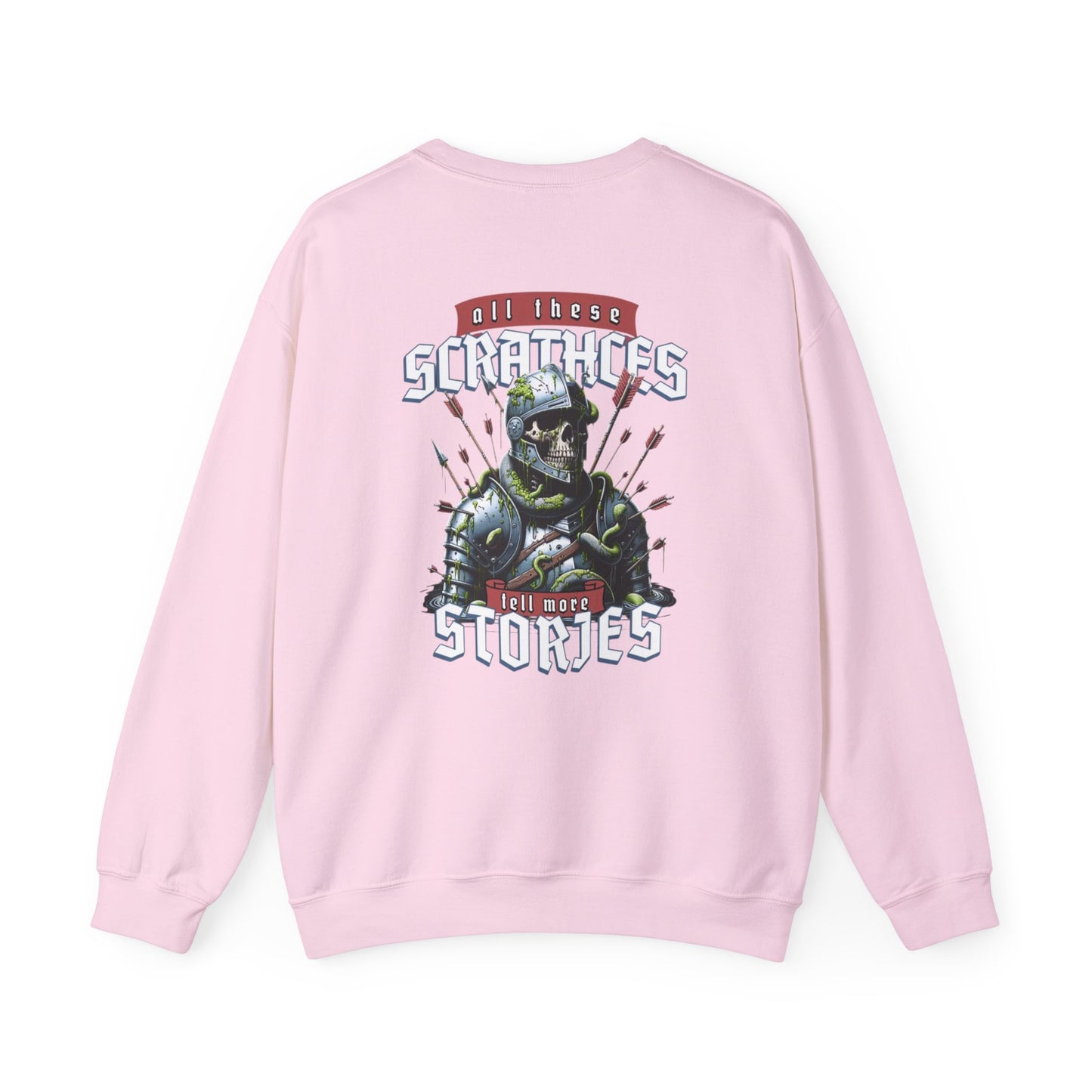Crewneck Sweatshirt — "All These Scars Have Stories" Vintage Knight Graphic