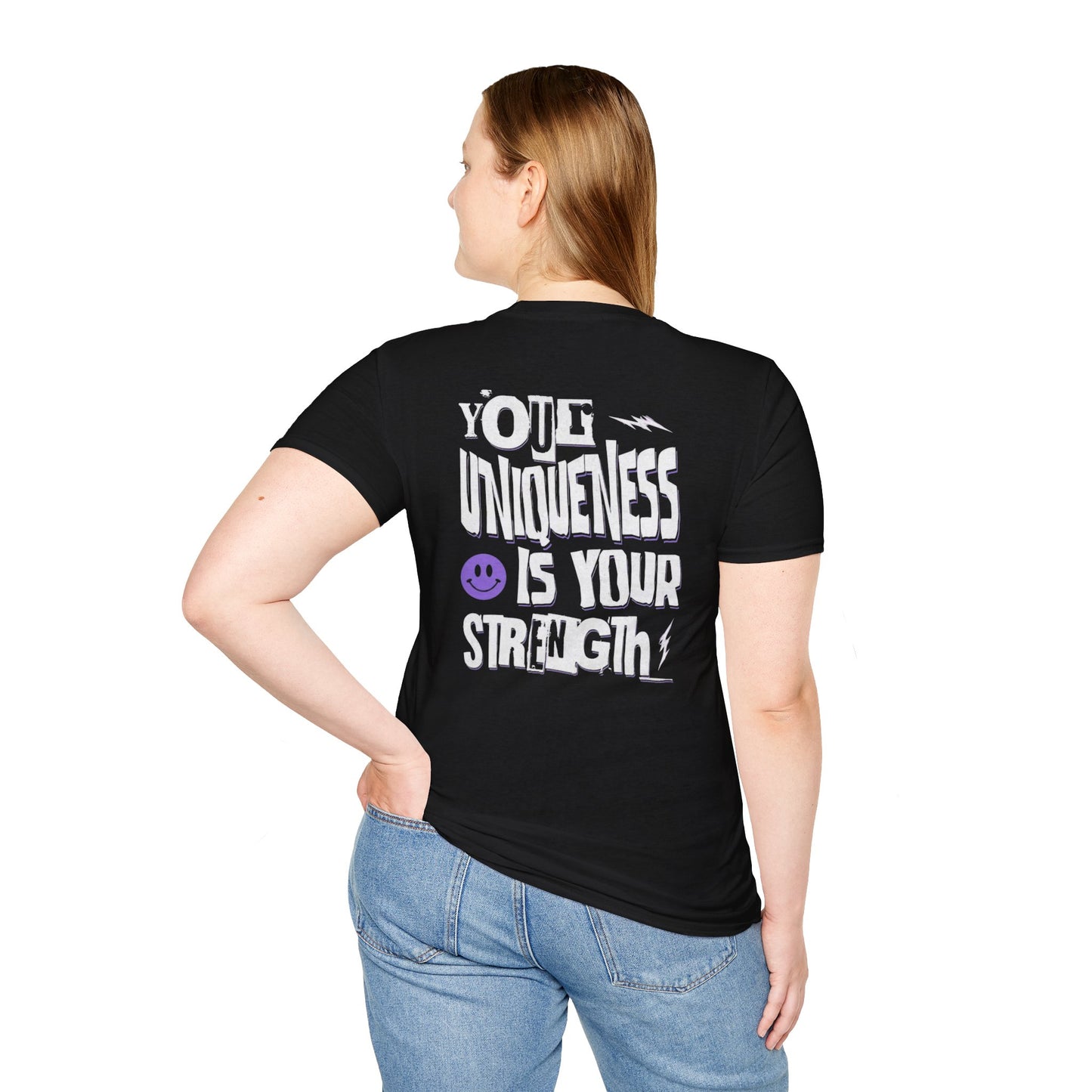 Unique Strength T-Shirt — “Your Uniqueness Is Your Strength” Graphic Tee with Purple Smiley