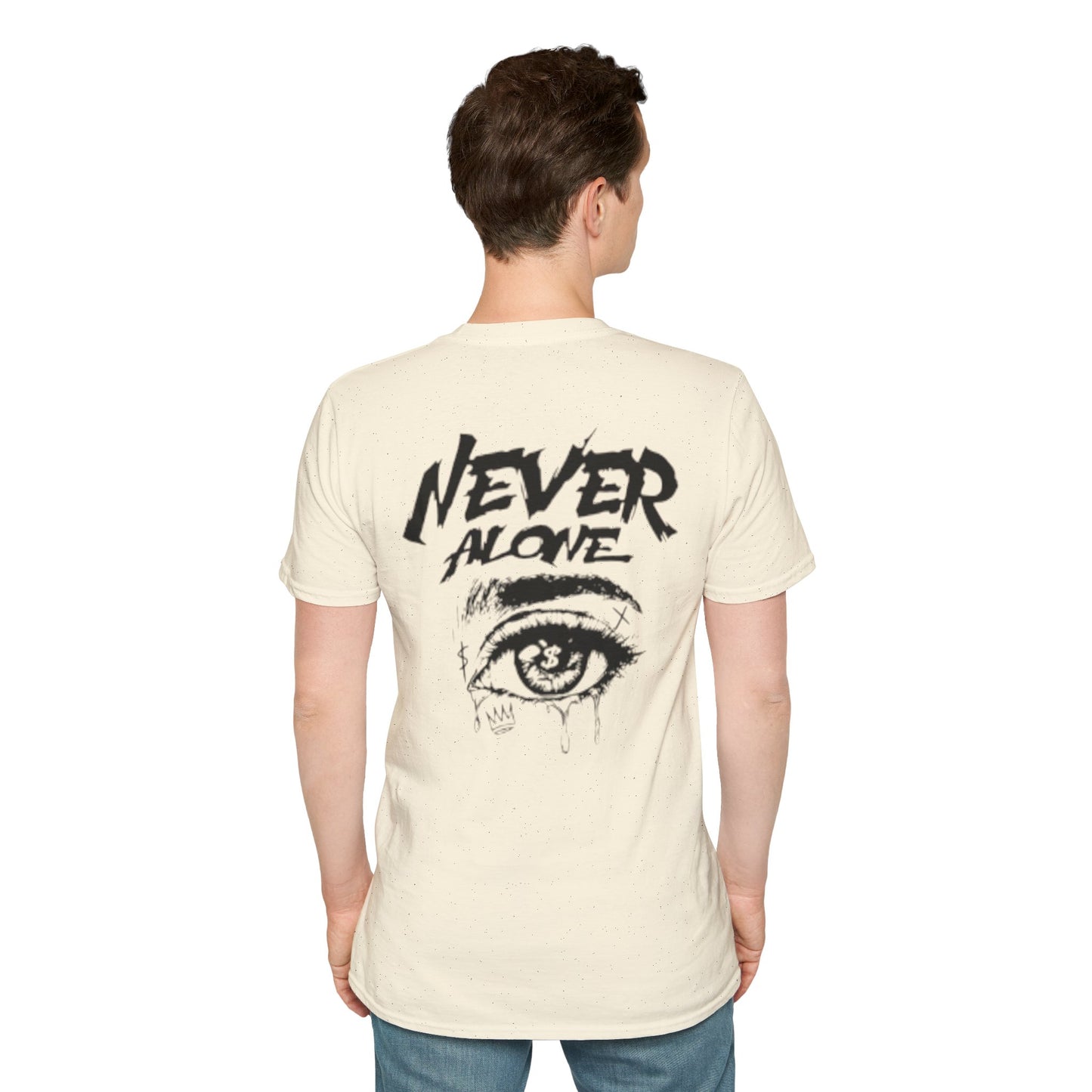 T-Shirt — "Never Alone" Graphic Tee with Forgive Within Script