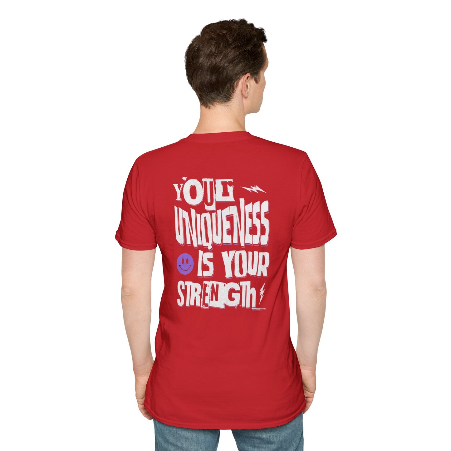 Unique Strength T-Shirt — “Your Uniqueness Is Your Strength” Graphic Tee with Purple Smiley