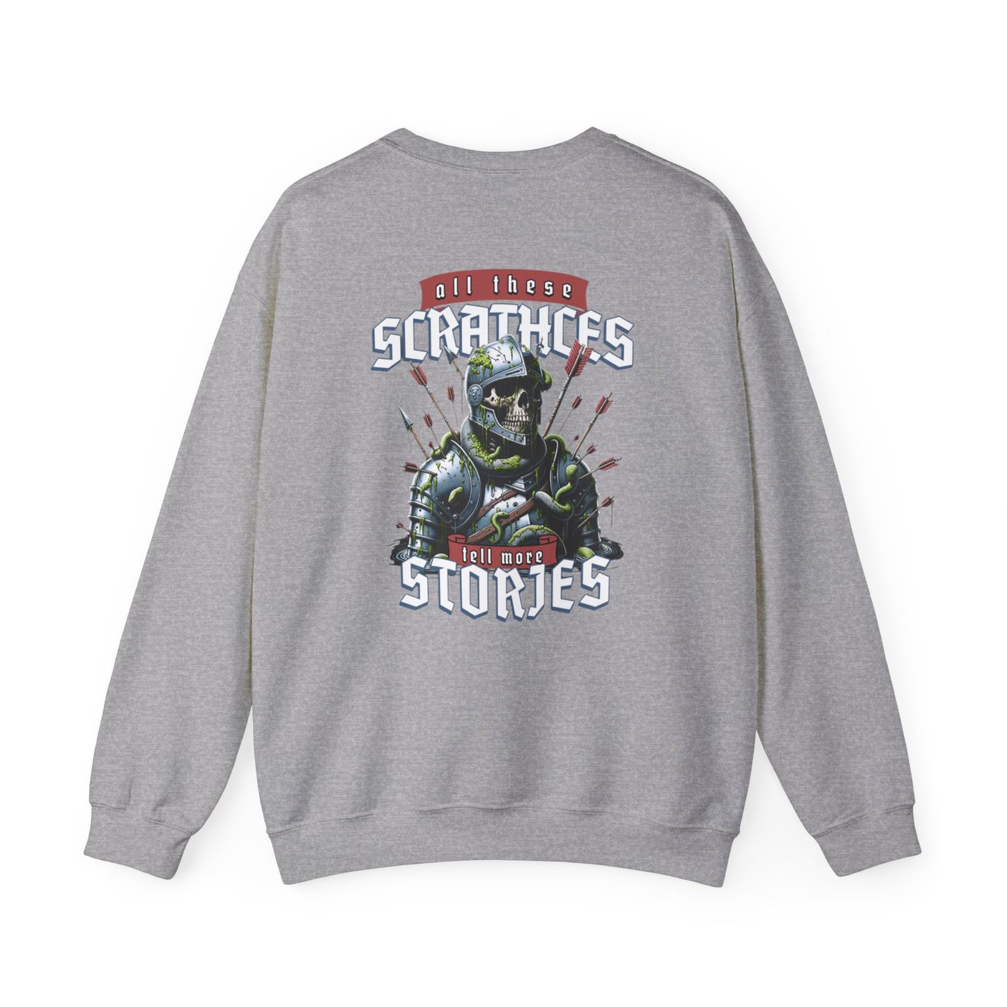 Crewneck Sweatshirt — "All These Scars Have Stories" Vintage Knight Graphic