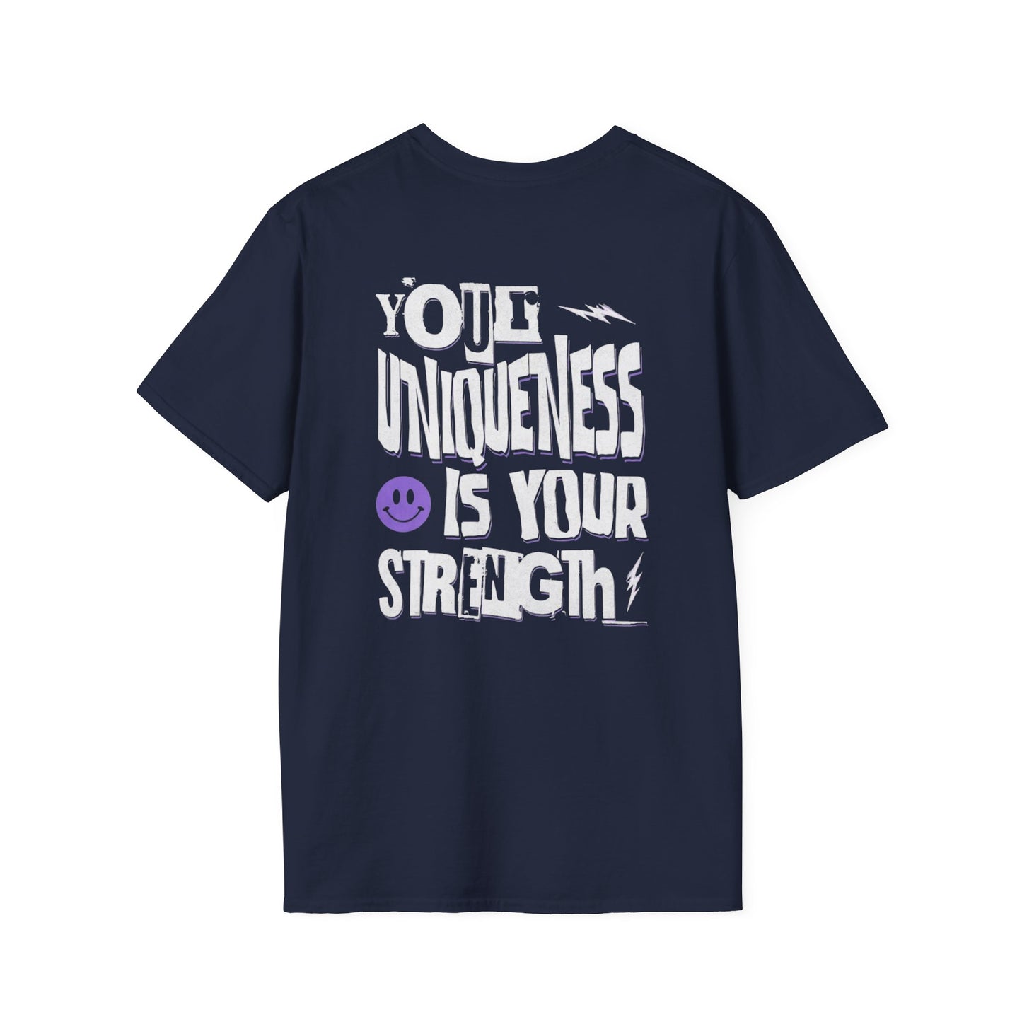 Unique Strength T-Shirt — “Your Uniqueness Is Your Strength” Graphic Tee with Purple Smiley