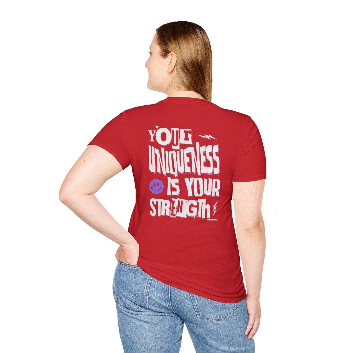 Unique Strength T-Shirt — “Your Uniqueness Is Your Strength” Graphic Tee with Purple Smiley