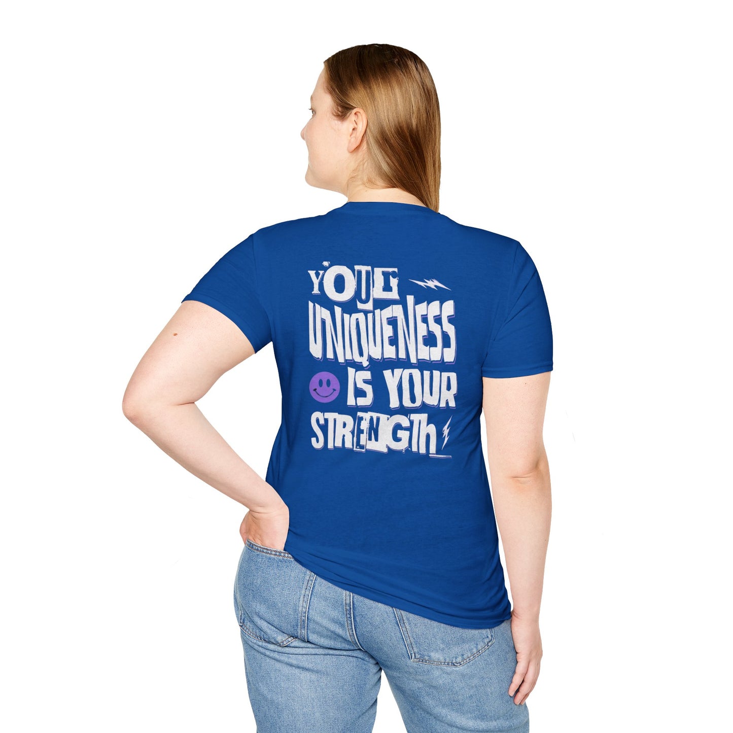 Unique Strength T-Shirt — “Your Uniqueness Is Your Strength” Graphic Tee with Purple Smiley