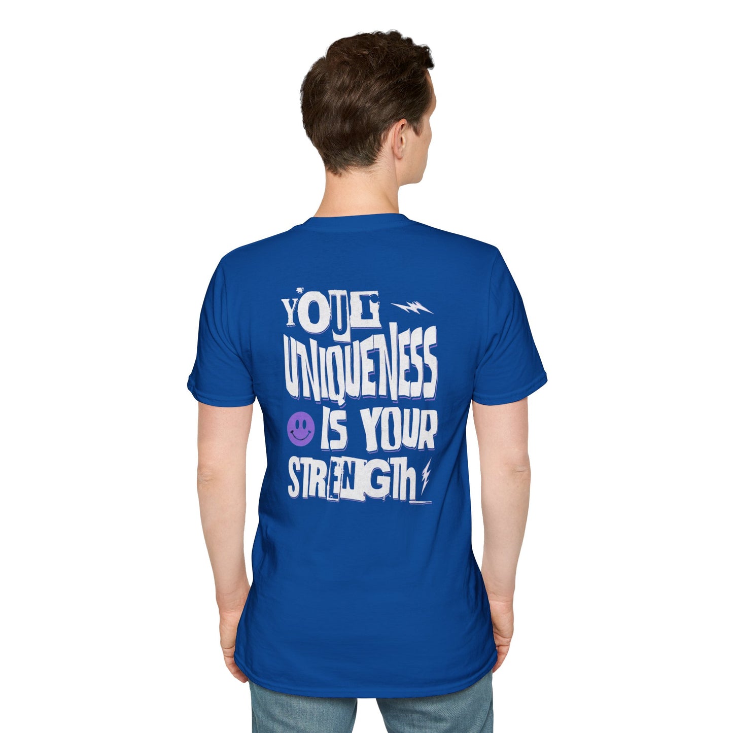 Unique Strength T-Shirt — “Your Uniqueness Is Your Strength” Graphic Tee with Purple Smiley