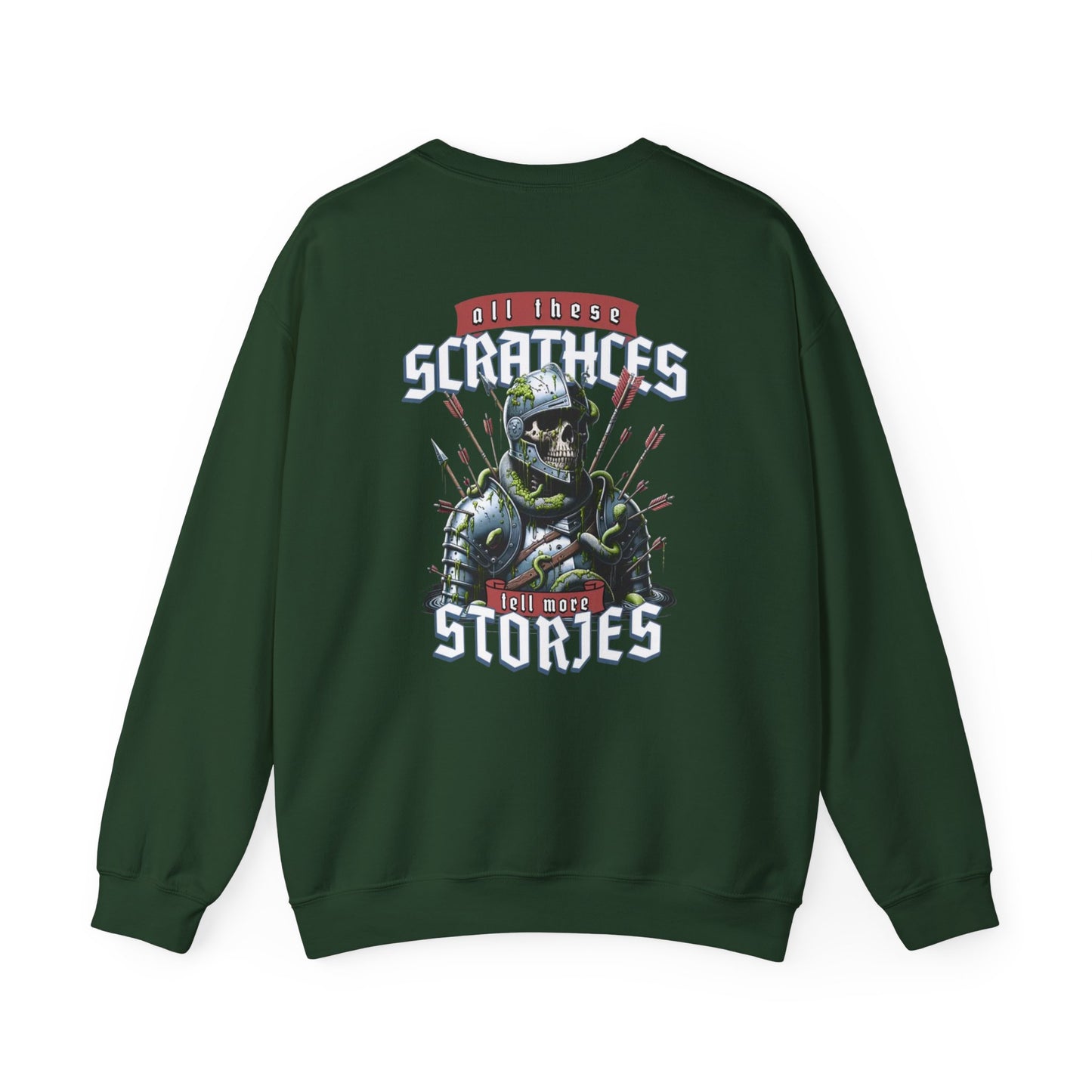 Crewneck Sweatshirt — "All These Scars Have Stories" Vintage Knight Graphic
