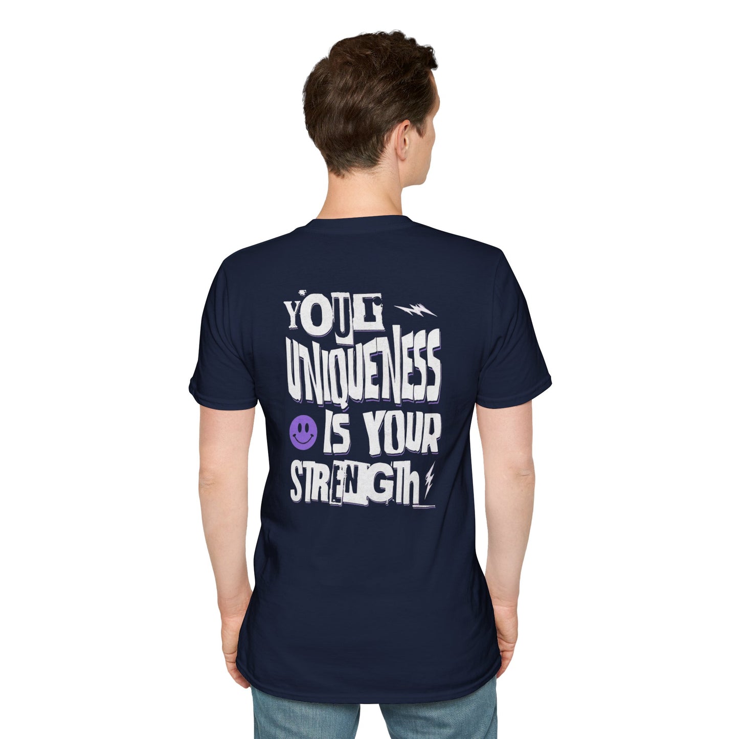 Unique Strength T-Shirt — “Your Uniqueness Is Your Strength” Graphic Tee with Purple Smiley